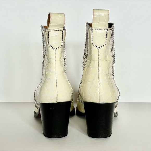 Ganni Callie Western Boots Ivory Cream White Croc Patent Leather Size 38 $475 - Picture 3 of 15